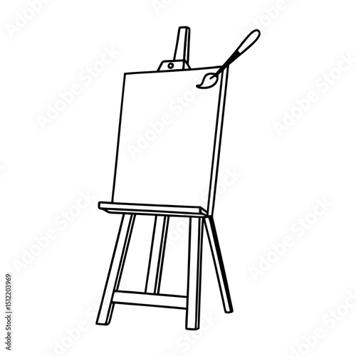 Blank artist easel with paintbrush simple line drawing illustration
