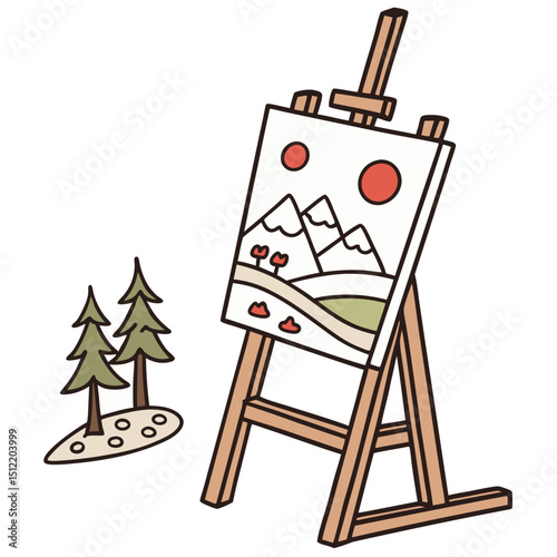 Wooden easel displaying a mountain landscape painting with two pine trees