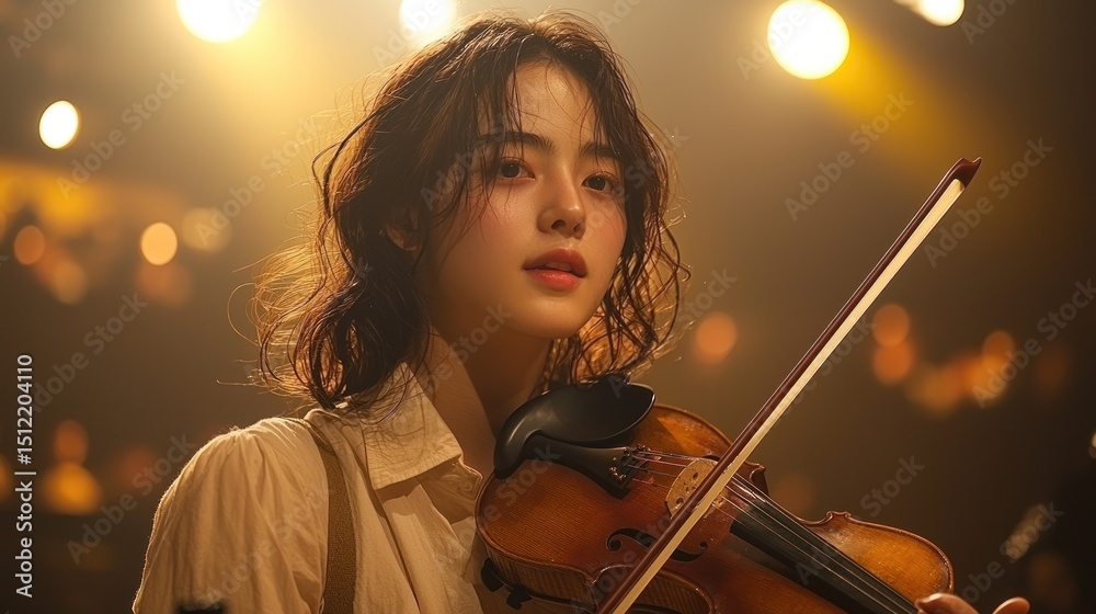 Fototapeta premium Young Woman Playing Violin in Concert Hall with Warm Lighting