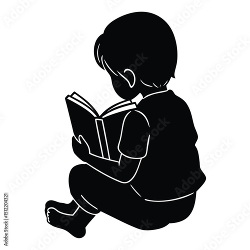 Young Boy Immersed in Reading A Silhouette Illustration of Childhood Literacy