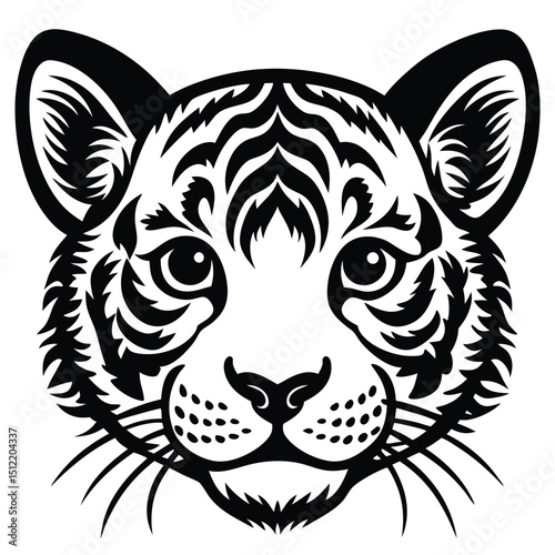 Majestic Tiger Cub Face A Stunning Black and White Illustration