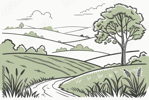 Green grass field on small hills. Meadow, alkali, lye, grassland, pommel, lea, pasturage, farm. Rural scenery landscape panorama of countryside pastures. Vector sketch line illustration