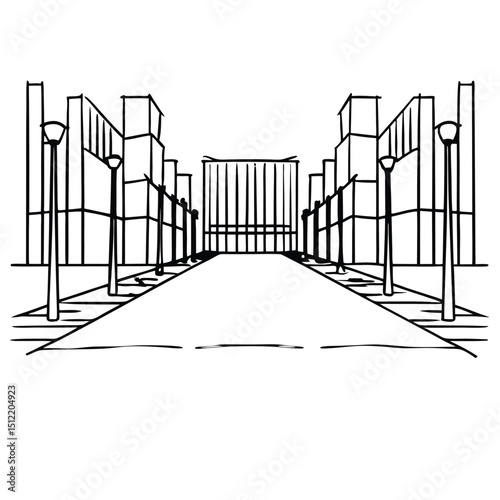 Cityscape Line Drawing Urban Perspective Sketch, Architectural Illustration