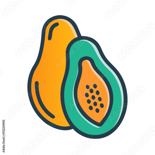 Vibrant illustration of a whole and halved papaya fruit