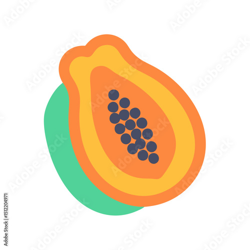 Half a papaya fruit illustration with seeds and green background