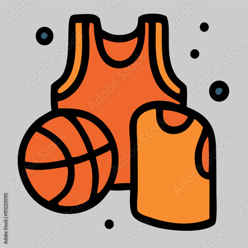 Basketball jersey and ball icon vector representing sport uniforms. Great for team branding, apparel design, and merchandising.