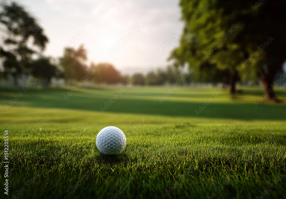 Fototapeta premium Golf ball rests on green grass, with a blurred background of trees and sky.