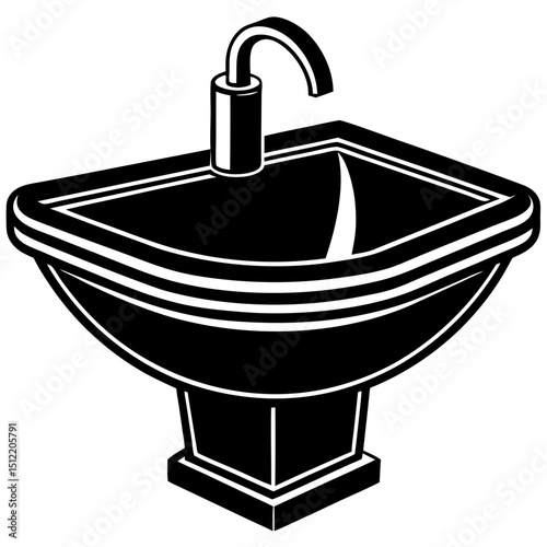 Black and white illustration of a modern pedestal sink with faucet