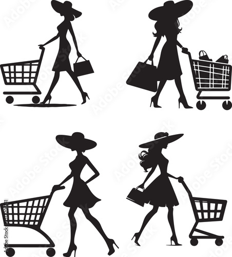 Four silhouettes of women shopping with carts and bags in a stylish and elegant manner on white