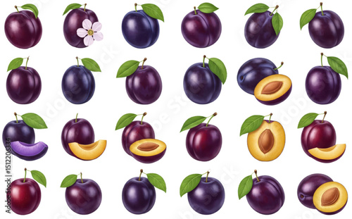 A collection of realistic plum illustrations in various shades of purple and red, including whole plums with leaves and stems, halved plums showing the yellow flesh and pit, and plum slices, with one 