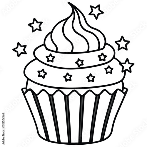 Magical Cupcake Coloring Page Whimsical Stars and Stripes Design