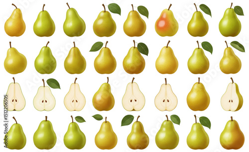 A collection of realistic pear illustrations in various shades of green and yellow, including whole pears and halved pears showing the white flesh and seeds, some with leaves and stems.