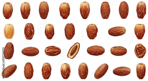 
A collection of realistic date fruit illustrations, including whole dates, halved dates showing the pit, and dates on a twig with leaves.