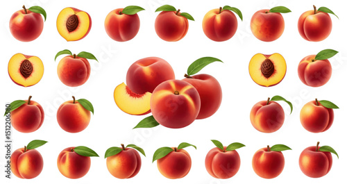 A collection of realistic peach illustrations, including whole peaches with fuzzy skin and green leaves, halved peaches showing the yellow flesh and pit, and peach slices.