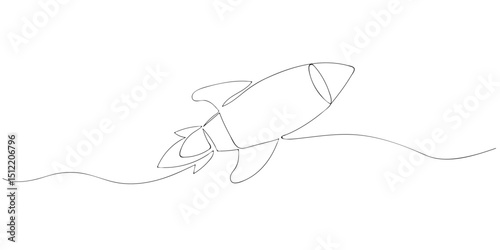 Continuous line drawing of a rocket on a white background. Minimalistic one line sketch.