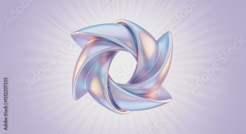Abstract metallic rotating shape with light rays background