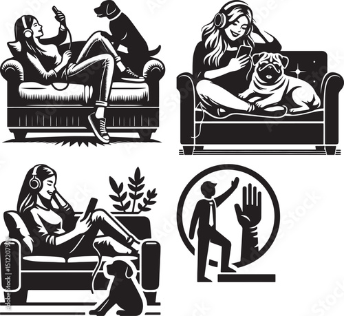 A black and white vector illustration of people relaxing with dogs and a career advancement scene