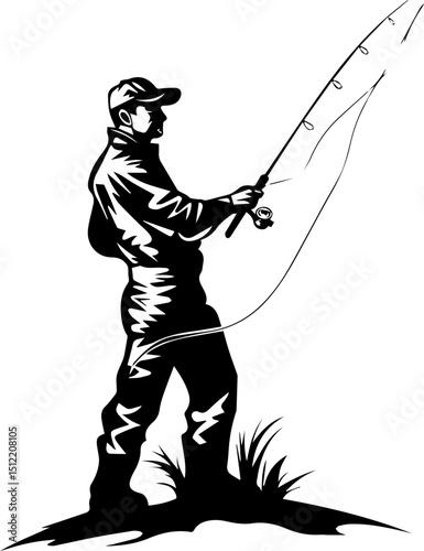 Black and white fisherman silhouette vector illustration