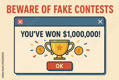 A warning graphic alerting users to beware of fake contests. Showcases a browser window displaying a message about winning a cash prize, emphasizing the importance of vigilance.