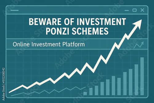 A warning graphic illustrating the dangers of Ponzi schemes in online investing, featuring a rising graph to symbolize financial growth and caution.