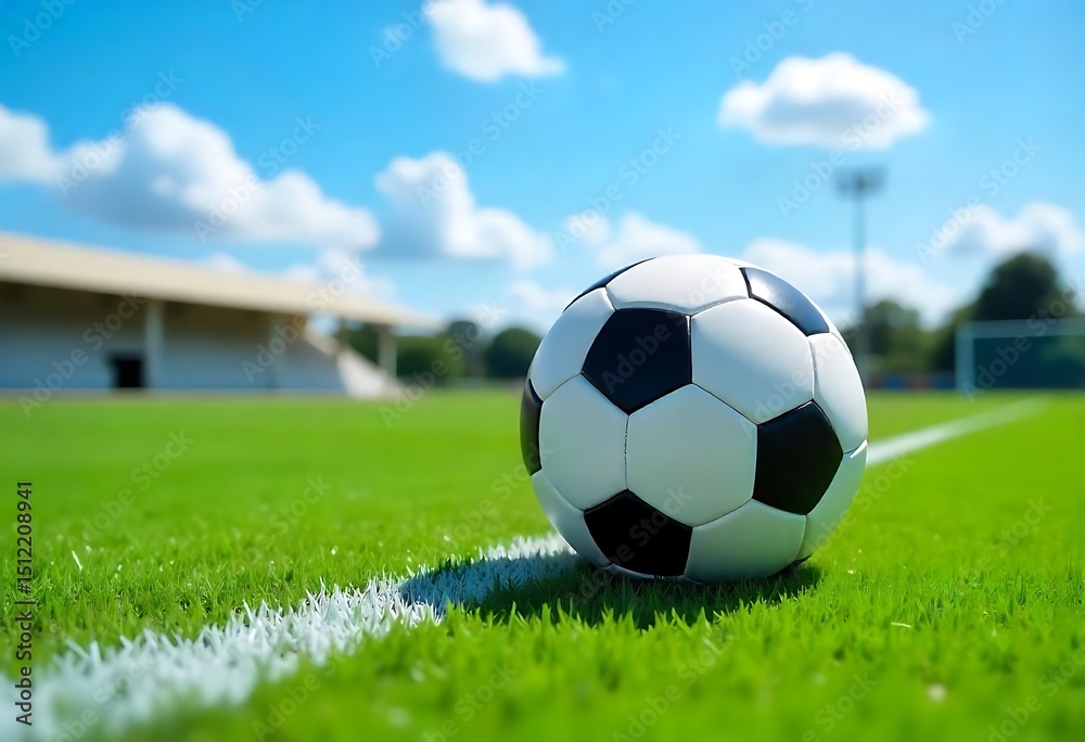 Fototapeta premium Generative AI showcases a soccer ball on a vibrant green field