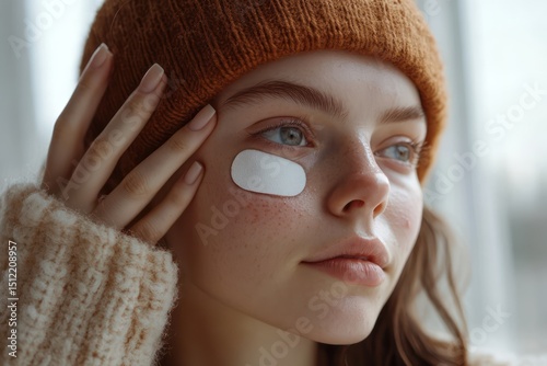 Young woman applies acne patch to facial skin photo