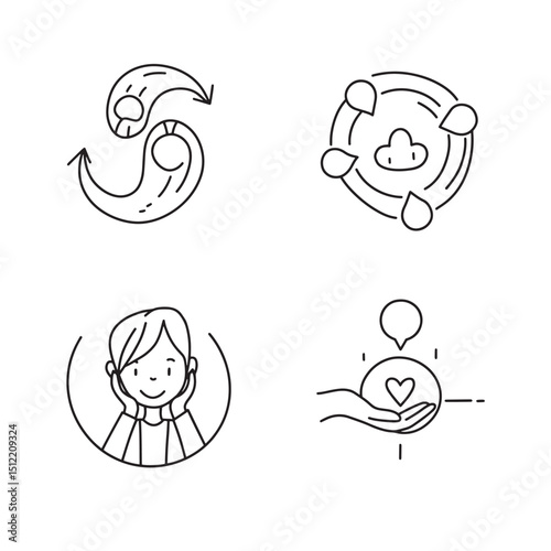 Hand drawn simple vector icons representing environment, self care, and giving love on white background