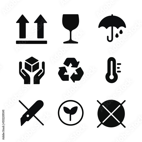 Packaging Icons Set for Cargo Shipping and Product Label Symbols Vector Collection for Boxes, Labels, and Logistics Signs.