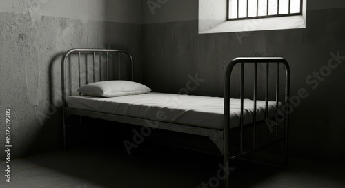 Metal Bed in Dark Prison Cell with Window