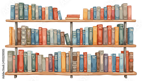 Colorful bookshelves filled with varying book sizes and styles on transparent background  