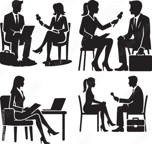 Silhouettes of people in interviews and office settings with laptops and microphones in black and white