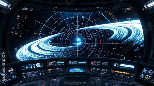 Space probe control panel with radial holographic radar displaying asteroid belt