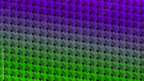 Abstract geometric background of neon green purple mosaic 3d square. Gradient color texture. Digital business template. Optical illusion. Podium. Tech card. Glitch Art trippy digital screen. Wallpaper