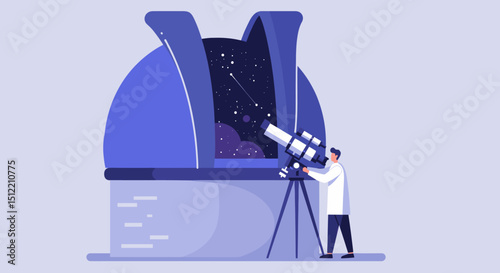 A scientist is observing the night sky through a telescope in an observatory, with the dome open to the stars.