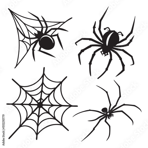 Halloween spider webs and spiders silhouettes set