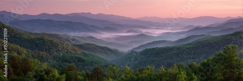 Panoramic sunrise over Smoky Mountains with misty peaks and lush forests, pastel pink sky illuminating green valleys for nature photography and travel backgrounds