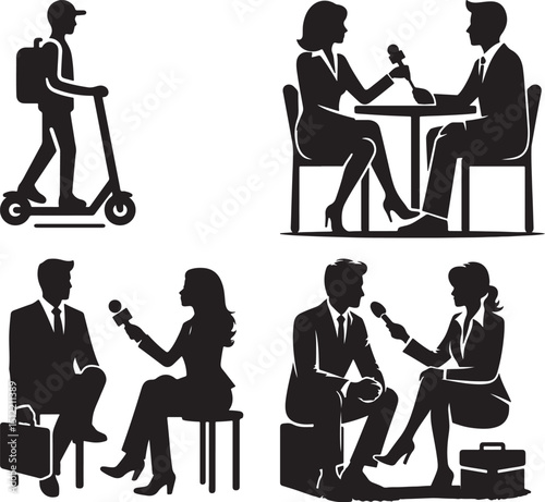 A collection of silhouette illustrations showing a delivery person and interview scenes in black and white