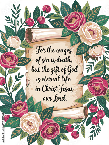 For the wages of sin is death, but the gift of God is eternal life in Christ Jesus our Lord, Romans 6:23 - Faith Inspired Greeting Card, Colorful Botanical Illustration, Spiritual Quote Design