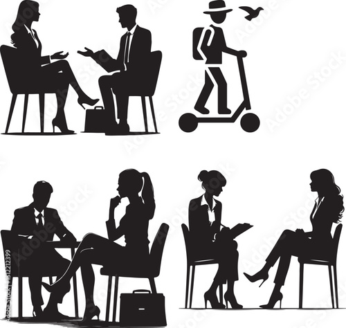 Silhouettes of people in business settings interviewing and discussing in various scenarios on white
