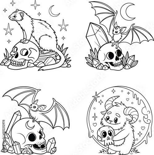 Spooky Cute Halloween Coloring Pages Ferrets, Bats, and Monsters