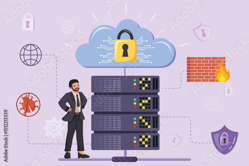 Secure Cloud Server Infrastructure: Illustrated Concept of Data Protection with Firewall, Antivirus, and Encryption for a Stack of Network Servers.