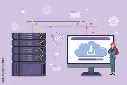 Data Backup and Recovery System: Illustrated Concept of Secure Data Transfer from Multiple Servers to a Cloud Storage via Computer Interface.