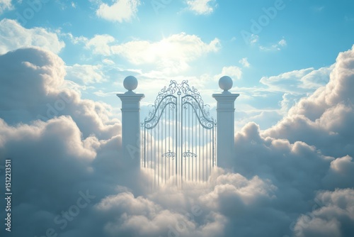 Heavenly pearly gates in clouds symbolizing afterlife