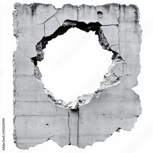 Damaged concrete wall with a circular hole