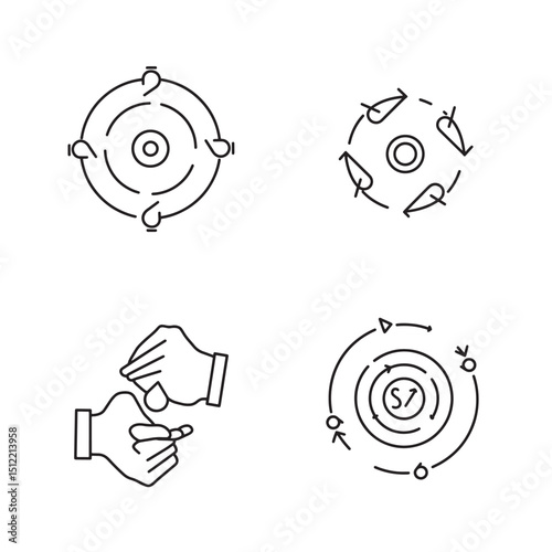 Set of line icons representing cycle process flow diagrams and hand washing routine