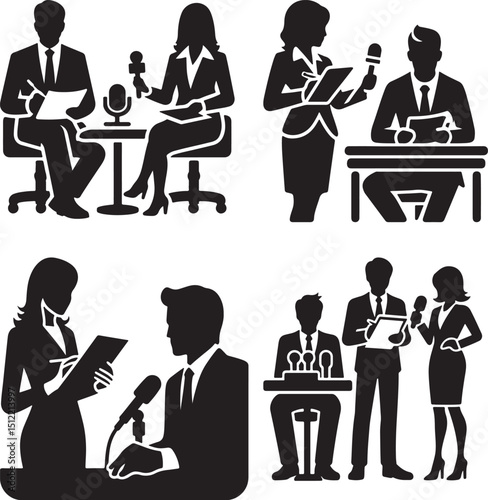 Silhouettes of interview scenes with reporters and interviewees in various settings and poses