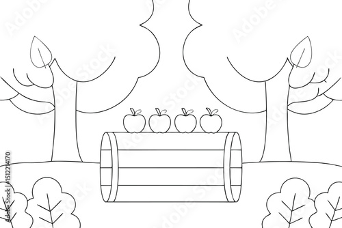 Apple Orchard Coloring Page with Trees and Nature Scene Outline