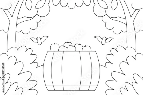 Apple Orchard Coloring Page with Trees and Nature Scene Outline