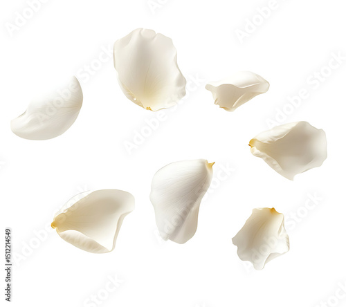 flying white rose petals isolated on transparent background cutout