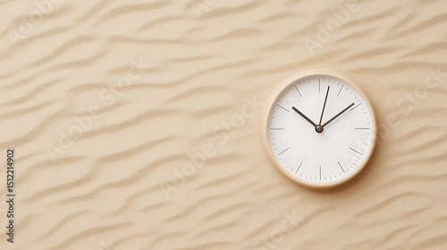 A clock resting on rippled sand, symbolizes the passage of time, fleeting moments, or the concept of time running out. The contrast is quite striking.